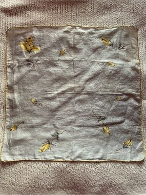 Vintage Square Grey and Yellow Floral Linen Handkerchief